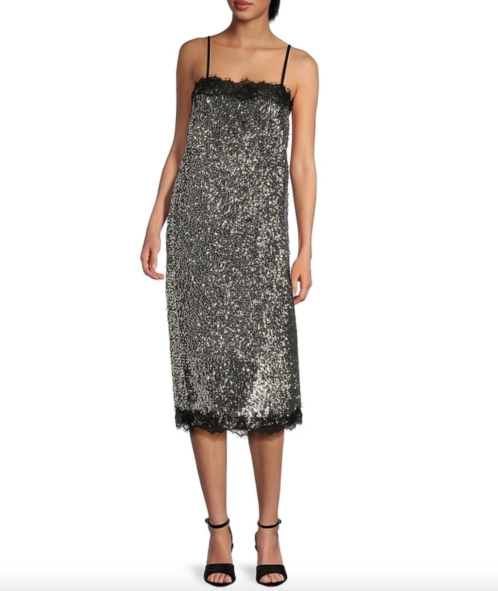 Gianni Bini Lilly Sisto Allegra Sequin Slip Midi Dress Silver Lace Trim US 2 NWT